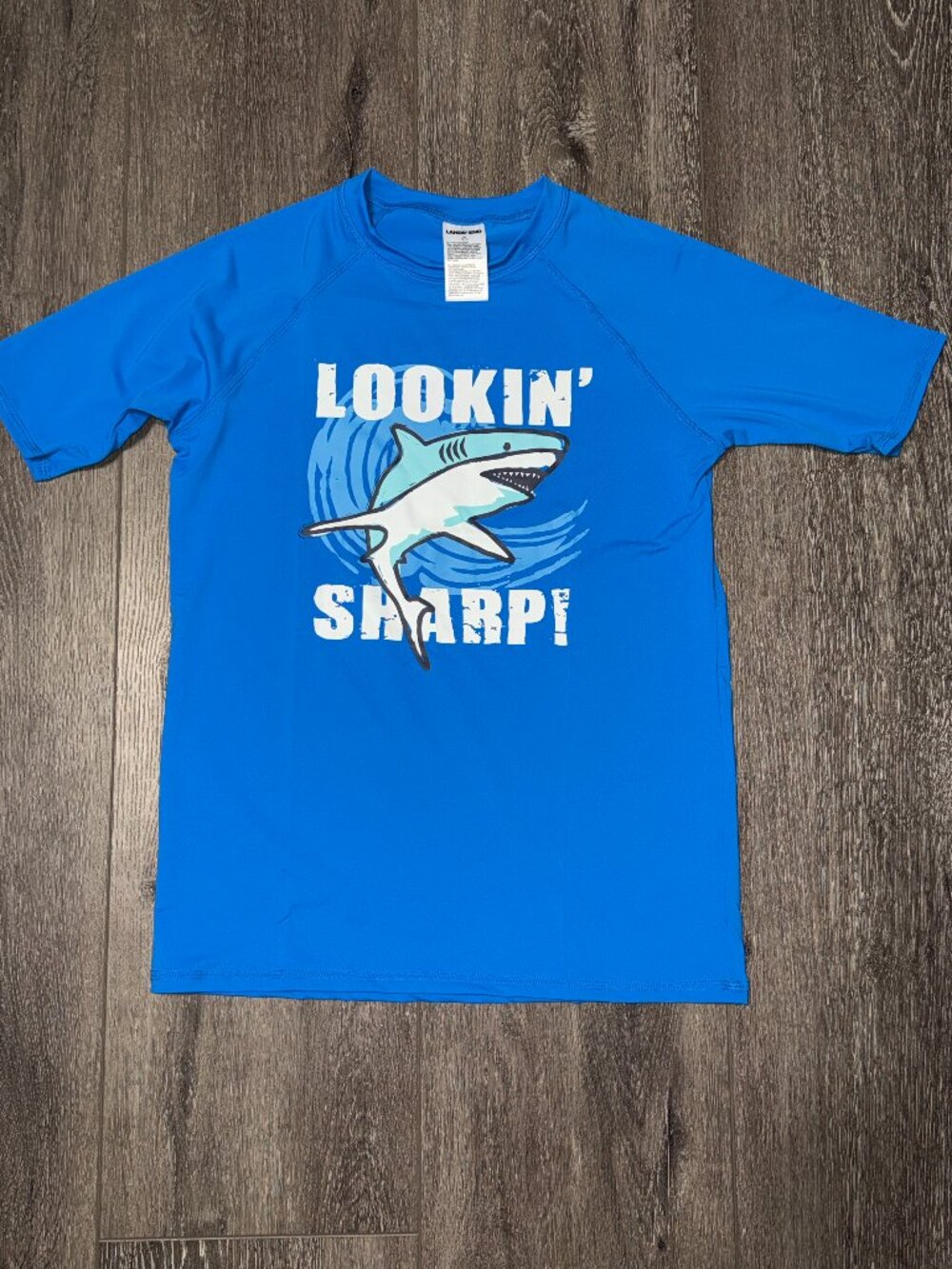 Lands End Shirt Boys X-Large 14-16 Blue Shark Rash Guard Swim Shirt Kids NWOT